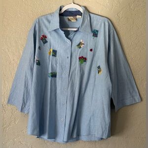Vintage S.M.B. Women's Chambray Shirt Plus Size 2X Floral Ladybug Embroidery